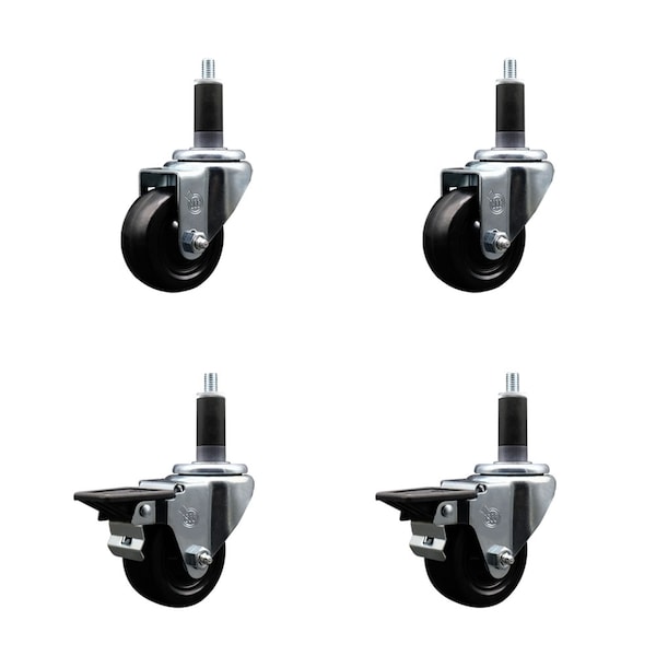 5'' Soft Rubber Wheel Swivel 1-1/8'' Expanding Stem Caster Set 2 Brakes, 4PK